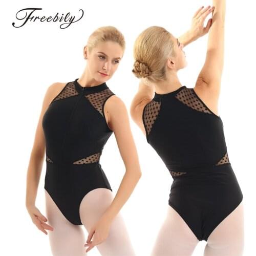 High Neck Sleeveless Mesh Splice Front Zipper Gymnastics Leotards for Women Ballet Costume Bodysuit One-piece Dance Wear