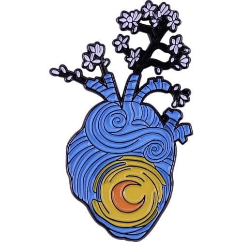 Van Gogh Painting The Starry Night Art Inspired Anatomical Heart Flower Brooch Pin Who said romance was dead