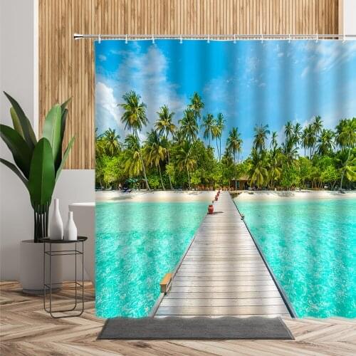 3D Summer Beach Scenery Shower Curtain Holiday House Palm Tree Beach Background Bathtub Decoration Bath Curtains Set Waterproof
