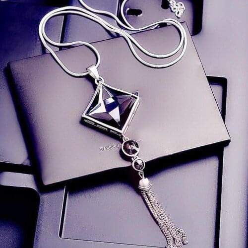 Ladies Ladies Crystal Square Pendant Long Chain Tassel Sweater Chain Pendant Necklace Jewelry