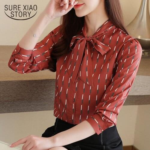 2020 Autumn New Red for Women Bow Tie Chiffon Blouse Slim Cardigan Bottoming Shirt Women Blouse and Tops Chemisier Femme 10749