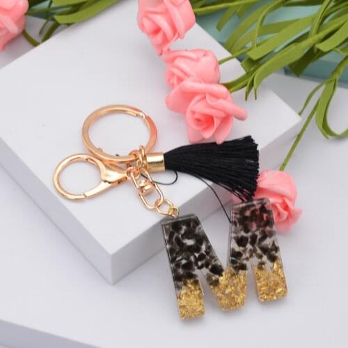 A-Z English Letters Keychains Fashion Resin Black Gold Key Chains For Women Handbag Pendant With Tassel Key Rings Accessories