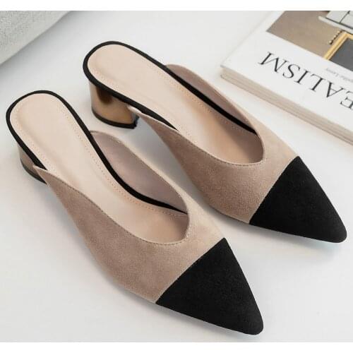 Womens natural suede leather thick med heel pointed toe slip-on mules spring summer new slides casual sandals shoes for women