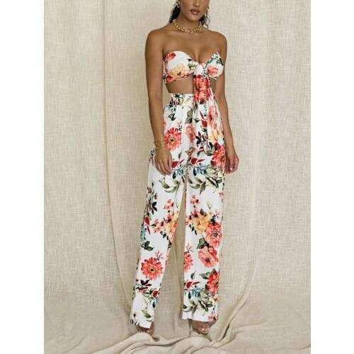 Floral Crop Top Long Pant Two Piece Set Women Summer Sexy Off Shoulder Knotted Tops Wide Leg Pants Party 2 Piece Sets