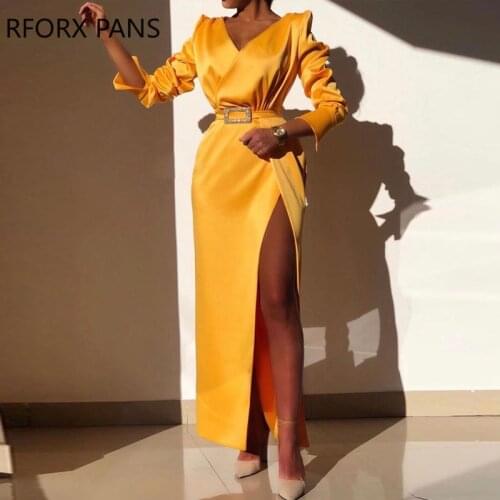 Women Solid Elegant Long Puff sleeves V neck Sashes High Silt Midi Party Dress