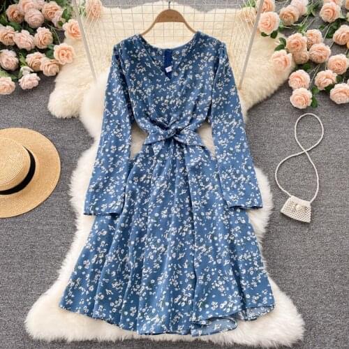 SINGREINY Women French Floral Dress Long Sleeve V Neck A-line Chiffon Dresses 2021 Autumn Sweet Bohemian Print Vacation Dress