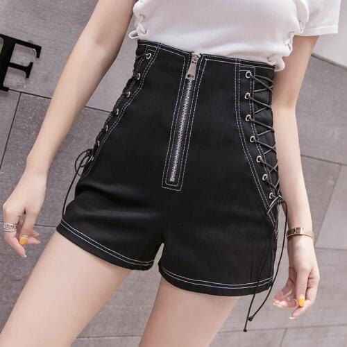 2021 Summer New Korean Womens High Waist Slim Denim Shorts Straight Front Zipper Lace Up Shorts