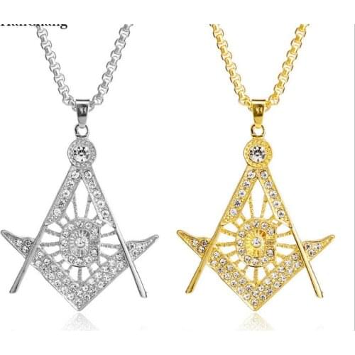 50pcs/lot Zinc alloy Freemason Masonic Freemasonry Metal Crafts Gifts Crystal Necklace Pendant + Chains Golden Silver Necklace