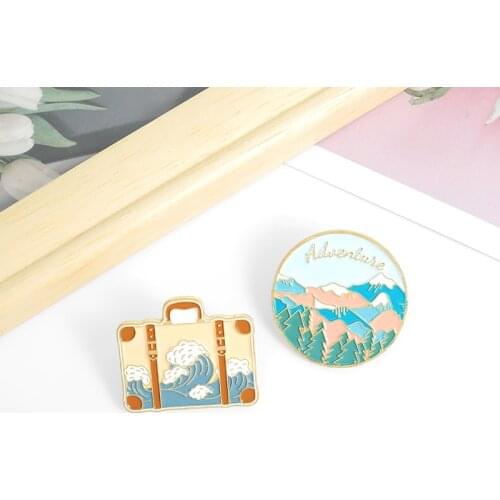Adulove mountains and rivers pine oil painting enamel pin The waves are blossoming travel luggage pin badge students small fresh