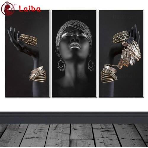 African Black Woman diamond painting needleWork diamond embroidery full square round drill mosaic Jewellery 3 pcs Wall Painting