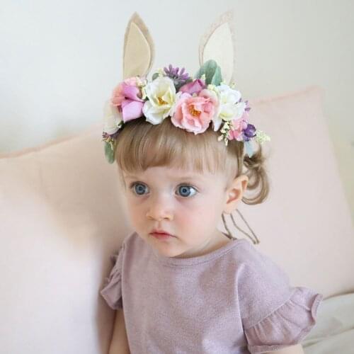 Baby Rose Flower Headband Bunny Rabbit Ear Headbands For Children Girls Floral Crown Headwear Hair Bands Photo Props Accessories