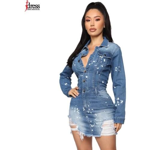 IDress Plus Size Denim Jeans Dress Sexy Hole Dress Women Lapel Collar Long Sleeve Button Bodycon Elastic Party Mini Jeanswear