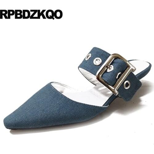 Denim mules slipper pointed toe metal sandals canvas mary janes women shoes Winkle Picker thin stiletto low heels runway pumps