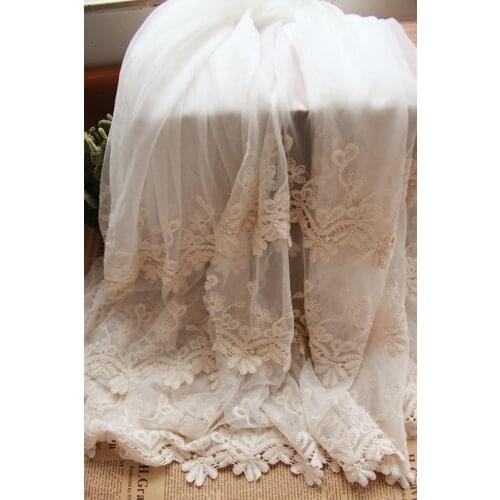 Beige Bilateral Embroidery flower Gauze DIY Scarf Lace Fabric Width 120cm 1yard