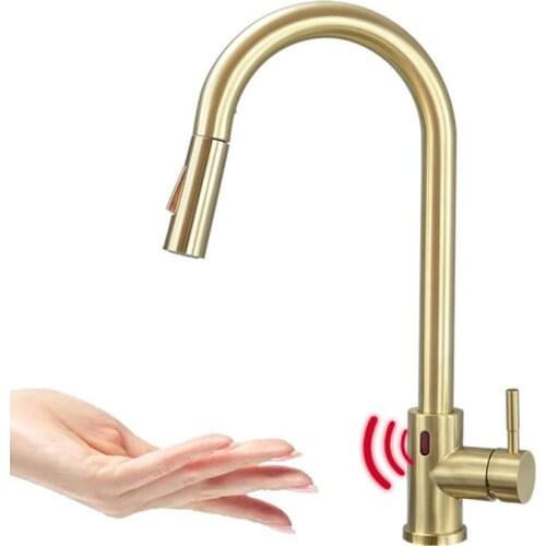 Brushed Gold Intelligent Infrared Sensor Kitchen Pull Out Faucet Brass Induction Mixer Hot Cold Bathroom Basin Tap Accessories