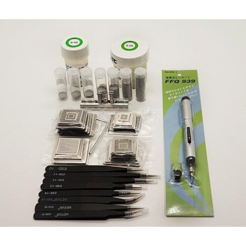 BGA reballing tool kit 144pcs BGA stencil25K Solder ball Vacuum suction pen FFQ-939 for reworking repairing