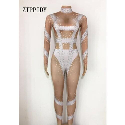 Rhinestone Skinny Jumpsuit long Sleeves Stretch Sexy Plain Stones Bodysuit Stage Performance Party One-piece Leotard