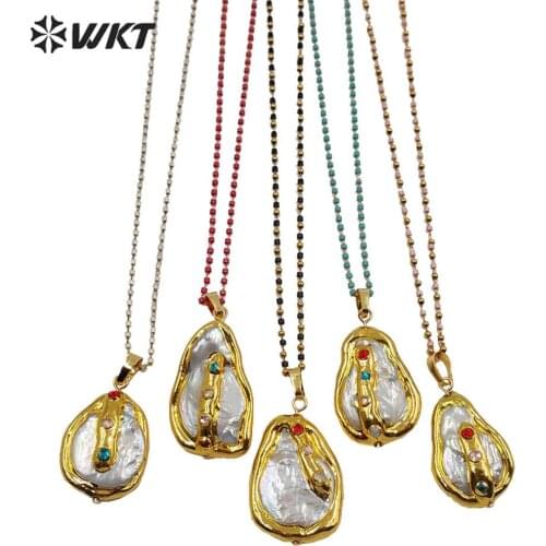 WT-MN965 natural freshwater pearl necklace with gold Electroplated trim irregular shape pearl with colored CZ paved necklace