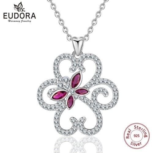 EUDORA 925 Sterling Silver Irises Flower &Purple CZ Butterfly Necklace Pendants Women Silver Jewelry special gift for Women D323