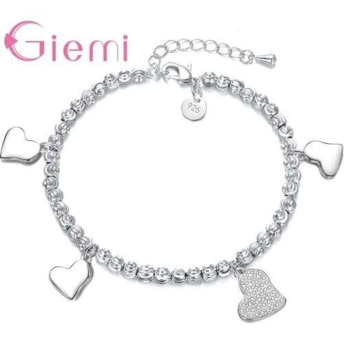Genuine 100% 925 Sterling Silver Long Link Chain Women Sweet Heart Bracelet Crystal Cubic Zirconia Stone Jewelry