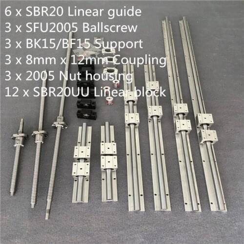 SBR 20 Linear Guide Rail 6 Set SBR 20 - 300/700/1100mm + Ballscrew Set RM2005 SFU2005 - 350/750/1150mm + BK/BF15 CNC Parts