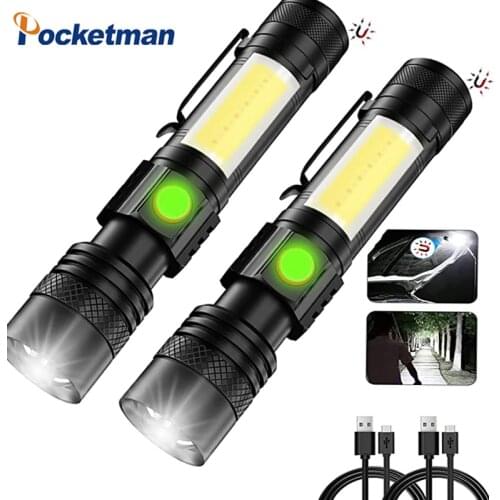 Portable LED Flashlight Magnetic Rechargeable LED Torch with COB Sidelight a Pocket Clip Zoomable Emergency Zoom Camping Lamp