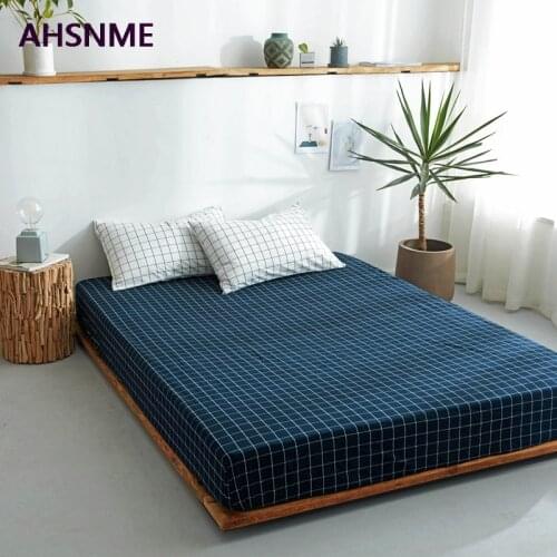 AHSNME Dark Blue Plaid 100% Cotton sheets Super Soft parure de lit Cool Summer Simple Water Fitted Sheet 150/200/180/200cm