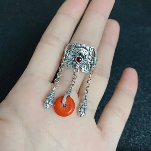 Real 999 pure silver ancient style national tide ring bat safe buckle tassel index finger ring womens personalized jewelry