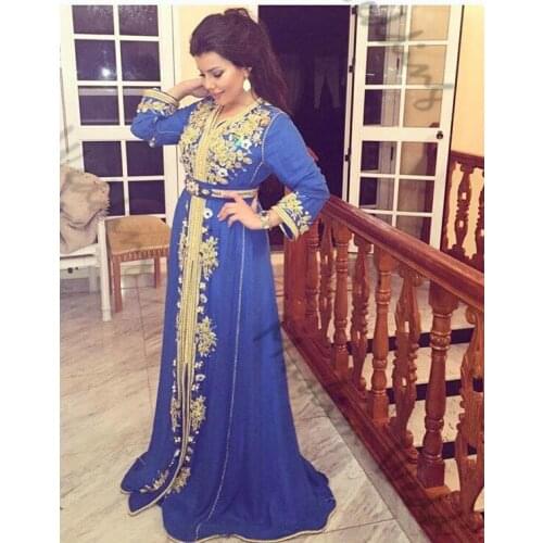 Luxury Caftan Dubai Evening Dresses Royal Blue A Line Long Sleeve Beaded Crystal Prom Dress 2020 Vintage Full Length Party Gown