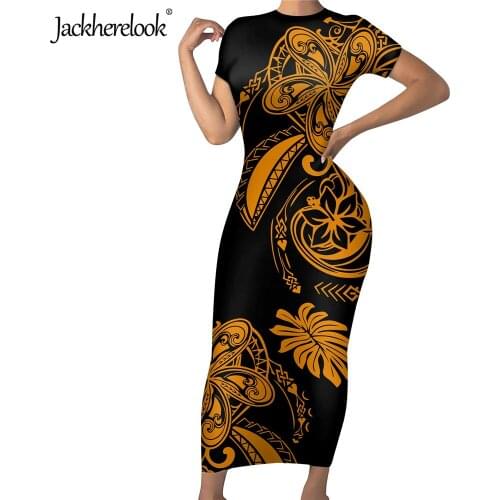 Jackherelook Sexy Bodycon Pencil Dress for Womens Orange Polynesian Hibiscus Tribal Print Short Sleeve Streetwear vestido mujer