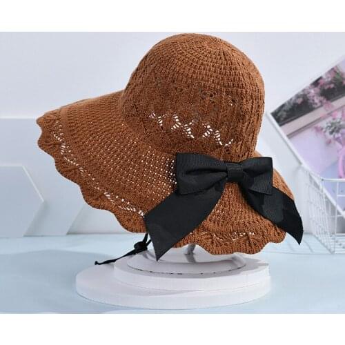 Summer Solid Color Sunscreen Hat Hollow Knitted Foldable Bowknot Wide Brim Sun Shade Hat UV Resistant Beach Panama Lady Cap