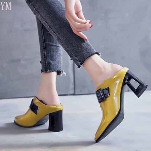 Gladiator Black Yellow High Heels Women Pumps Natural Buckle Fretwork High Heel Shoes Pointed Toe Shoes Square Heel Casual Shoes