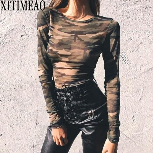 XITIMEAO Womens Spring Autumn Lightweight Camouflage Printing Crop Tops Comfort Skinny Long Sleeve Sexy Mesh Perspective T-Shirt