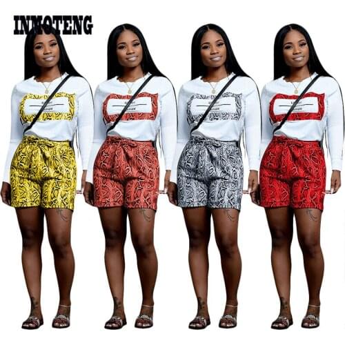 INMOTENG Letter Print Snakeskin Casual Two Piece Set O Neck Long Sleeve Women T Shirt Top Bow Tie Waist Shorts Fashion Clothing