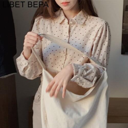 New 2021 Spring Summer Womens Blouses Elegant Office Lady Heart Dot Print Oversize Korean Style Vintage Wild Shirts Tops BL5630