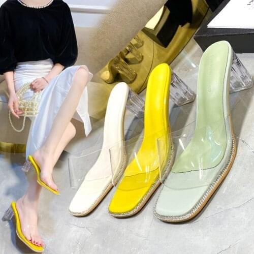 2021 Womens Shoes Summer New Natural Color Thick Heel Slippers Square Head High Heel Transparent Heel Sandals Тапочки