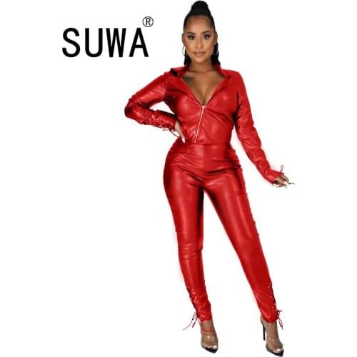 Women Fitness 2 Piece Matching Sets Fall Clothes Deep V Neck Full Sleeve Bandage Tops and Skinny Pants Back Lace Up Sweat Suits