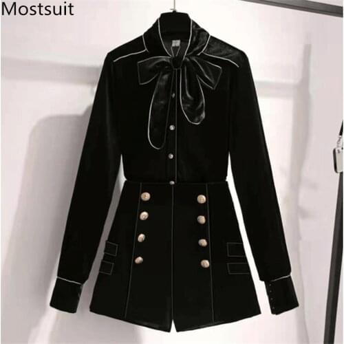 2020 Spring Black Velvet Fashion 2 Piece Shorts Sets Women Bow Shirt + Gold Buttons Shorts Suits Vintage Office Korean 2 Pcs Set