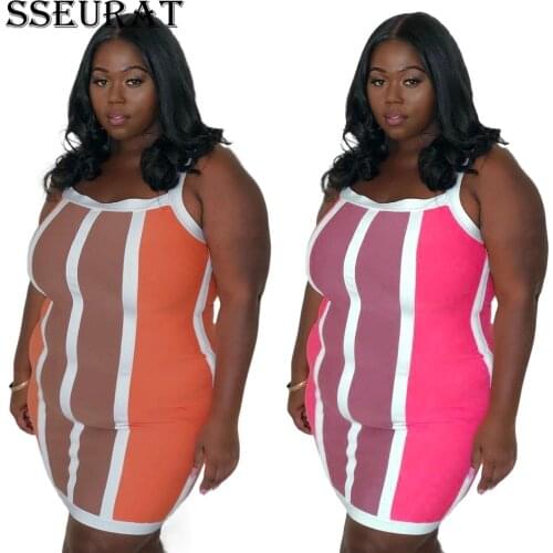 SSEURAT Plus size L-4XL Women Striped Print Sleeveless Spaghetti Strap Bodycon Midi Dress Sexy Night Club Party Dresses Vestido