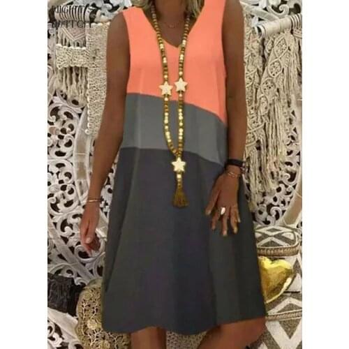 2021 Spring 5XL Womens 3-color Printing Sleeveless V-neck Knee-length Loose Casual Dress Summer Dress for Women