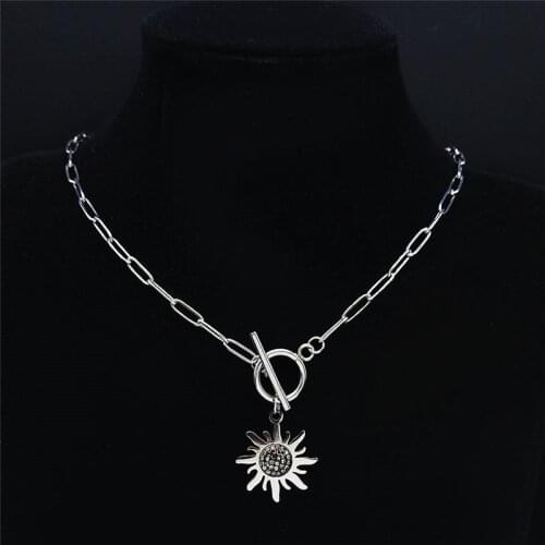 2021 Hip Hop Crystal Stainless Steel Sun Pendant Necklace Silver Color Chain Necklace Jewery colgante mujer moda NXS03