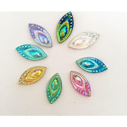 80PCS AB Resin 7*15mm horse eye Flatback peacock Rhinestone Ornaments DIY Wedding appliques 2 hole buttons SD22*2