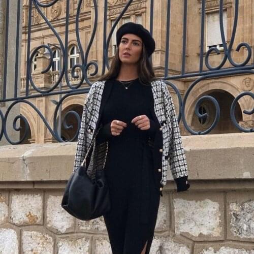 Ardm Elegant Tweed Cardigan Women Long Sleeve With Pocket Knitted Winter Cardigan Sweater Vintage Office Ladies Chic Outwear Top