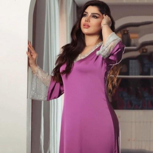 Satin Kaftan Moroccan Dubai Abaya Muslim Hijab Dresses For Women Turkey Diamond Mesh Dress Fashion Girls Party Gowns Boubou