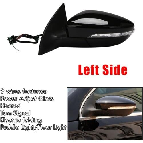 Side Rear View Mirror Assembly Power Heated Folding Turn Signal 9 Wires for Passat CC 2008-2018 LH Black