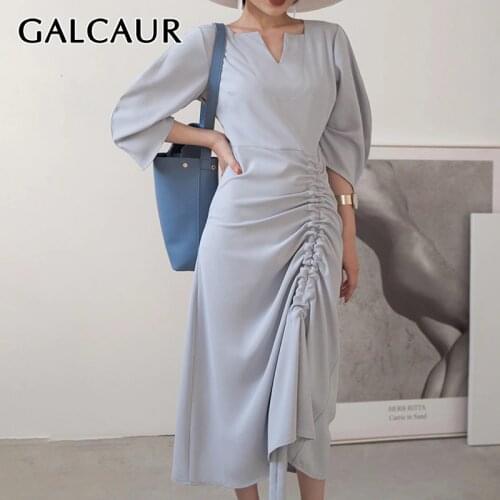 GALCAUR Drawstring Ruched Womens Dresses Three Quarter Sleeve High Waist Asymmetrical Autumn Clearance Sale Dress Female 2021