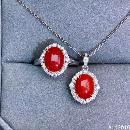 KJJEAXCMY Fine Jewelry 925 sterling silver inlaid natural red coral luxury female new ring pendant set Support test