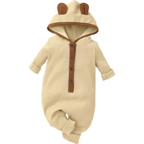Newborn Ribbed Button Hodded Romper Baby Boys Girls Fashion Winter Long Sleeve Buttons Hooded One-Piece Clothes 2021 NEW
