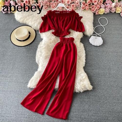 Spring Summer Green/Black/Red Two Piece Set Women Sexy Slash Neck Short Tops + High Waist Wide Leg Pants Female Suit New 2021