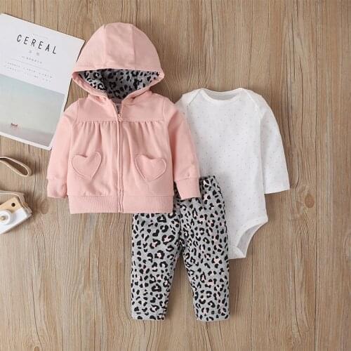 3PCS Newborn Baby Boy Girl Clothes Sets 2020 Spring Fall Animals Floral Warm Hooded Coat+Romper+Pants Newborn Baby Outfits